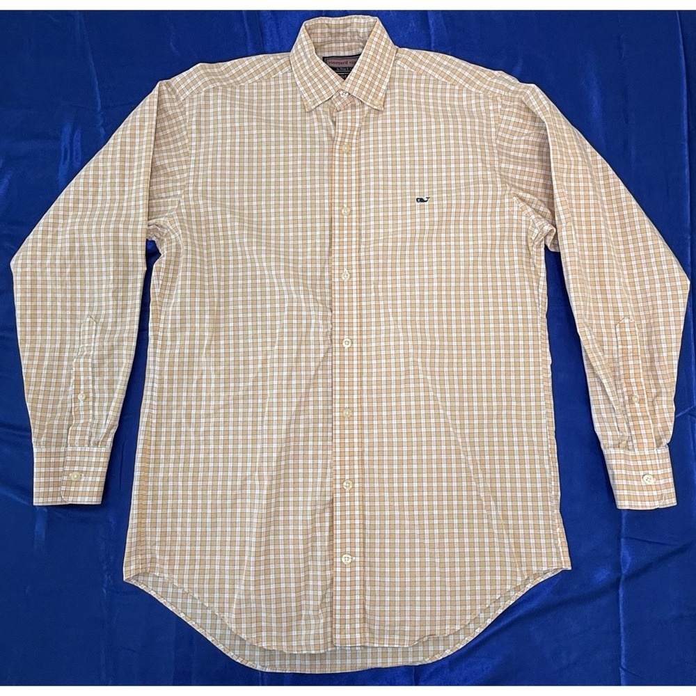 Vineyard Vines Men's Small Whale Shirt Orange Plaid Button Up Long Sleeve Cotton